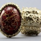Arty Oval Ring Red Drizzle Gold Chunky Knuckle Art Statement Stretch Size 7 - 8.5