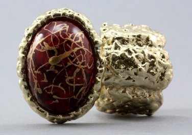 Arty Oval Ring Red Drizzle Gold Chunky Knuckle Art Statement Stretch Size 7 - 8.5