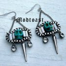 Day of the Dead Skull Spike Earrings Dia de Los Muertos Antique Silver Chain Carved Turquoise Stone