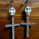 Day of the Dead Skull & Cross Earrings Ivory Carved Stone Gold Crystals Dia de Los Muertos Statement