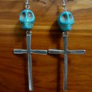 Day of the Dead Skull & Cross Earrings Turquoise Carved Stone Silver Dia de Los Muertos Statement