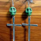 Day of the Dead Skull & Cross Earrings Green Carved Stone Silver Dia de Los Muertos Statement