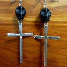 Day of the Dead Skull & Cross Earrings Black Carved Stone Silver Dia de Los Muertos Statement