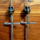 Day of the Dead Skull & Cross Earrings Brown Carved Stone Silver Dia de Los Muertos Statement