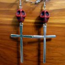 Day of the Dead Skull & Cross Earrings Red Carved Stone Silver Dia de Los Muertos Statement