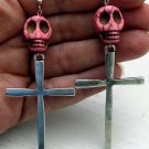 Day of the Dead Skull & Cross Earrings Pink Carved Stone Silver Dia de Los Muertos Statement