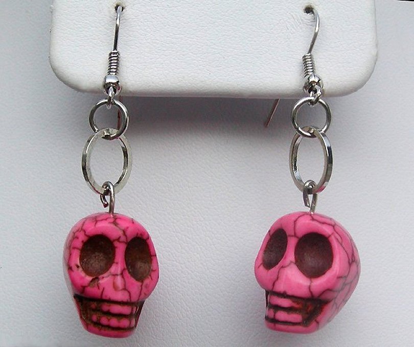 Skull Earrings Dia de Los Muertos Pink Turquoise Carved Stone Silver ...