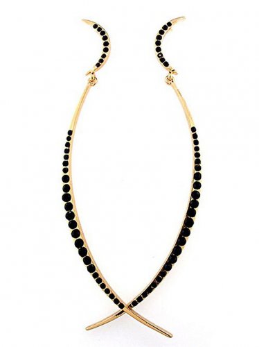 Cresent Curved Design Gorgeous Holiday Earrings 4.5" Long Black Crystals Gold Celestial Statement