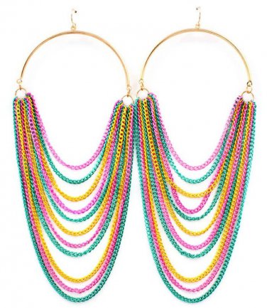 Hoop Draping Chains Earrings 6" Drop Statement Multi Celebrity Designer Basketball Wives Style