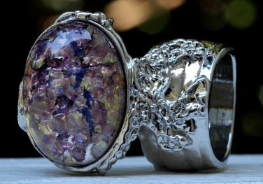 Arty Oval Ring Amethyst Opal Purple Glass Chunky Silver Knuckle Art Vintage Statement Size 6
