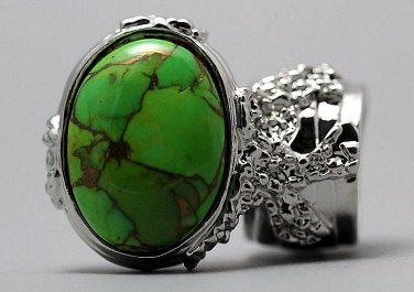 Arty Oval Ring Green Turquoise Neon Bronze Gemstone Silver Chunky Gem Knuckle Art Statement Size 10