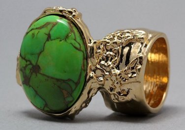 Arty Oval Ring Green Turquoise Neon Bronze Gemstone Gold Chunky Gem Knuckle Art Statement Size 10