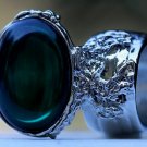 Arty Oval Ring Emerald Green Vintage Glass Silver Chunky Armor Knuckle Art Gift Statement Size 5