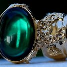 Arty Oval Ring Emerald Green Vintage Glass Gold Chunky Armor Knuckle Art Gift Statement Size 4.5