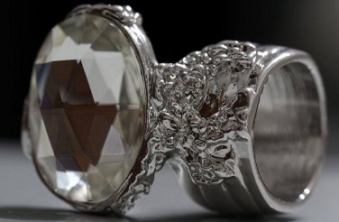Arty Oval Ring Crystal Glass Faceted Czech Vintage Silver Chunky Knuckle Art Statement Size 5