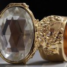 Arty Oval Ring Crystal Glass Faceted Czech Vintage Gold Chunky Knuckle Art Statement Size 4.5