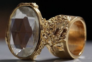 Arty Oval Ring Crystal Glass Faceted Czech Vintage Gold Chunky Knuckle Art Statement Size 10