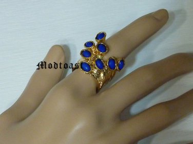 Arty Dots Ring Royal Blue Gold Knuckle Art Chunky Armor Statement Jewelry Avant Garde Size 6