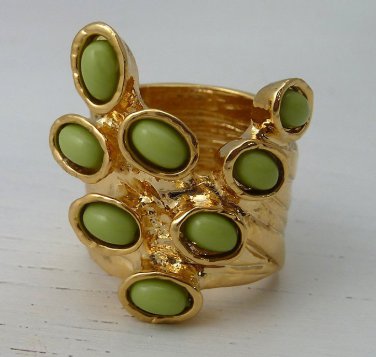 Arty Dots Ring Sage Green Gold Knuckle Art Chunky Armor Statement Jewelry Avant Garde Size 6.5