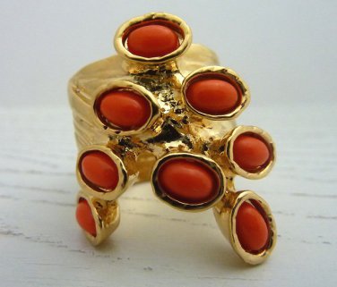 Arty Dots Ring Coral Gold Knuckle Art Chunky Armor Statement Jewelry Avant Garde Fashion Size 6.5