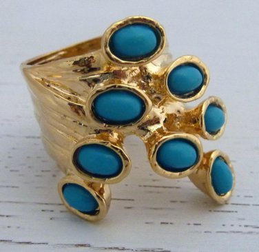 Arty Dots Ring Turquoise Gold Knuckle Art Chunky Armor Statement Jewelry Avant Garde Size 6.5