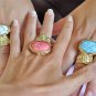 Arty Oval Ring Coral Pink Black Gold Knuckle Art Chunky Artsy Armor Avant Garde Statement Size 4.5