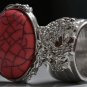 Arty Oval Ring Coral Pink Black Silver Knuckle Art Chunky Artsy Armor Avant Garde Statement Size 6