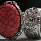 Arty Oval Ring Coral Pink Black Silver Knuckle Art Chunky Artsy Armor Avant Garde Statement Size 8