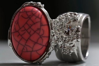 Arty Oval Ring Coral Pink Black Silver Knuckle Art Chunky Artsy Armor Avant Garde Statement Size 10