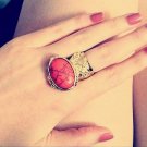 Arty Oval Ring Coral Orange Black Gold Knuckle Art Chunky Armor Avant Garde Statement Size 4.5