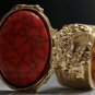 Arty Oval Ring Coral Orange Black Gold Knuckle Art Chunky Armor Avant Garde Statement Size 10