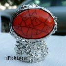 Arty Oval Ring Coral Orange Black Silver Knuckle Art Chunky Armor Avant Garde Statement Size 5
