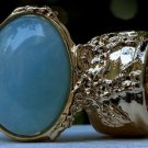 Arty Oval Ring Blue Gold Flecks Chunky Knuckle Art Statement Jewelry Avant Garde Fashion Size 4.5