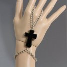 Black Onyx Cross Hand Chain & Ring Combo Silver Body Jewelry Armor Slave Bracelet Boho Statement