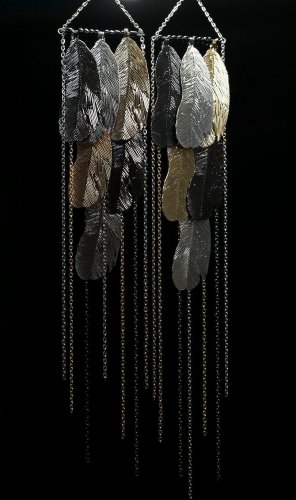 Feather Earrings 12.5 Inch Drop Silver Gold Black Seed Beads Chain Metal Jewelry Oversized Statement