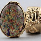 Arty Oval Ring Red Opal Vintage Glass Gold Chunky Knuckle Art Designer Statement Jewelry Size 4.5