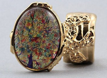 Arty Oval Ring Red Opal Vintage Glass Gold Chunky Knuckle Art Designer Statement Jewelry Size 10