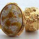Arty Oval Ring Amber White Vintage Glass Gold Chunky Knuckle Art Statement Avant Garde Size 10