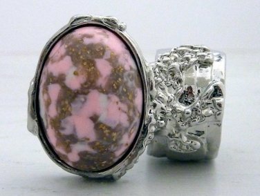 Arty Oval Ring Pink White Mottled Silver Chunky Knuckle Art Statement Jewelry Avant Garde Size 5