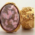 Arty Oval Ring Pink White Mottled Gold Chunky Knuckle Art Statement Jewelry Avant Garde Size 10