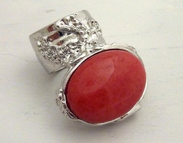 Arty Oval Ring Coral Vintage Glass Silver Chunky Knuckle Art Statement Jewelry Avant Garde Size 8