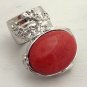 Arty Oval Ring Coral Vintage Glass Silver Chunky Knuckle Art Statement Jewelry Avant Garde Size 8