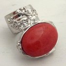 Arty Oval Ring Coral Vintage Glass Silver Chunky Knuckle Art Statement Jewelry Avant Garde Size 9