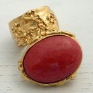 Arty Oval Ring Coral Vintage Glass Gold Chunky Knuckle Art Statement Jewelry Avant Garde Size 4.5