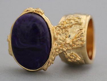 Arty Oval Ring Dark Purple Marble Vintage Gold Knuckle Art Armor Avant Garde Statement Size 4.5