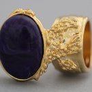 Arty Oval Ring Dark Purple Marble Vintage Gold Knuckle Art Armor Avant Garde Statement Size 10
