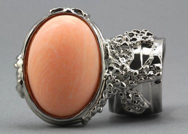 Arty Oval Ring Peach Matte Silver Vintage Knuckle Art Armor Artsy Avant Garde Statement Size 6