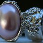 Arty Oval Ring Rose Pearl Vintage Silver Chunky Armor Knuckle Art Fashion Statement Jewelry Size 8