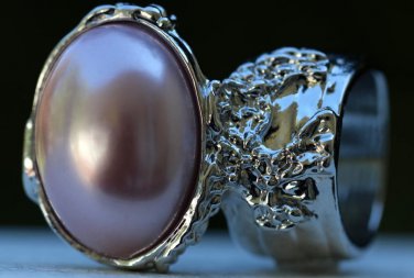 Arty Oval Ring Rose Pearl Vintage Silver Chunky Armor Knuckle Art Fashion Statement Jewelry Size 8.5
