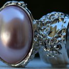 Arty Oval Ring Rose Pearl Vintage Silver Chunky Armor Knuckle Art Fashion Statement Jewelry Size 10